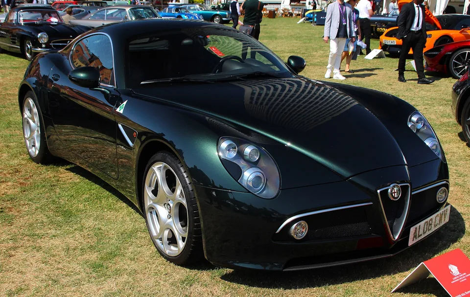 Dark green Alfa Romeo 8C Competizione, three-quarter front view
