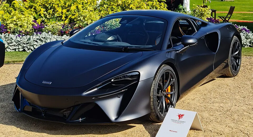 Black McLaren Artura, three-quarter front view