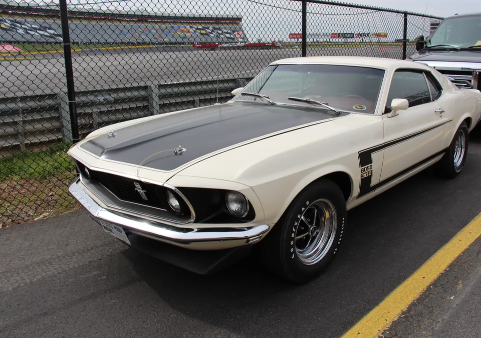 White 1969 Ford Mustang Boss 302 SportsRoof, front three-quarter view