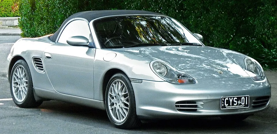 Silver Porsche Boxster (986), three-quarter front view