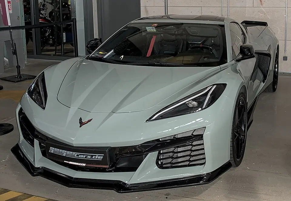 Grey Chevrolet Corvette E-Ray, three-quarter front view