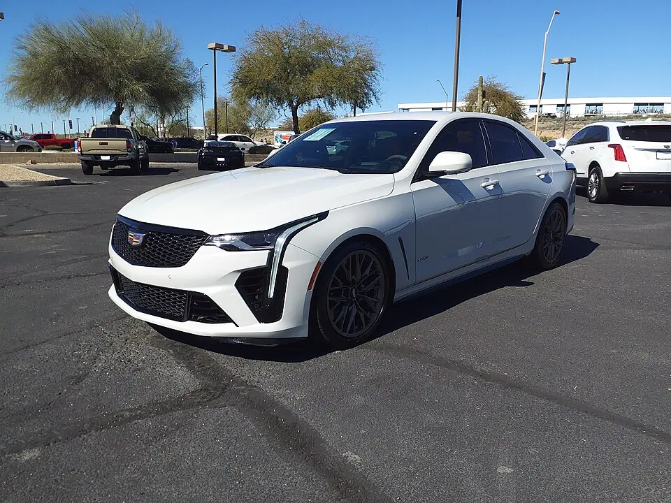 White Cadillac CT4-V Blackwing, three-quarter front view