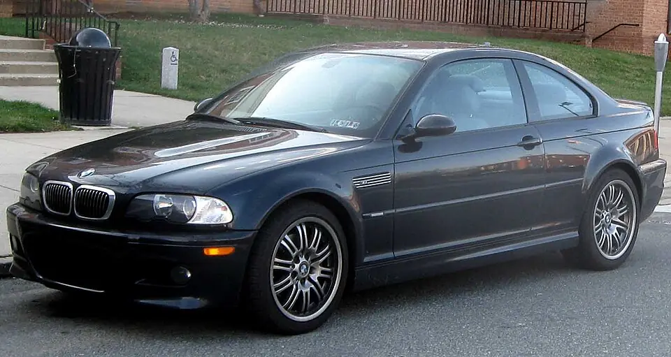 Silver BMW M3 E46 coupe, three-quarter front view