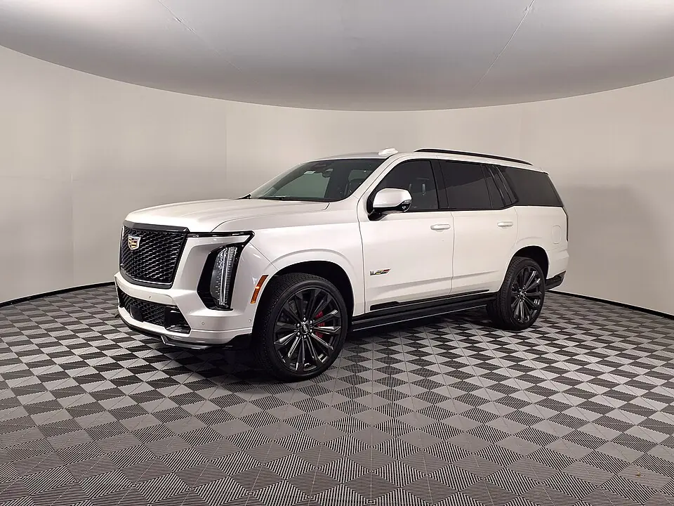 White Cadillac Escalade-V, three-quarter front view