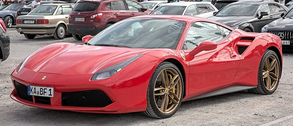 Red Ferrari 488 GTB, three-quarter front view