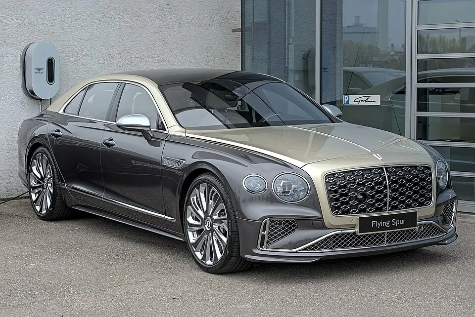 Grey Bentley Flying Spur, three-quarter front view