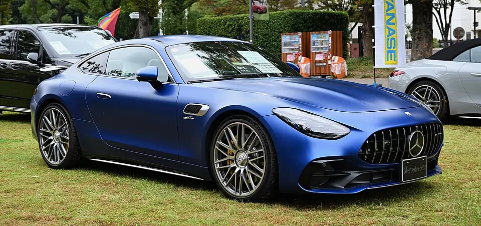 Blue Mercedes-AMG GT 43 coupe (C192), side front view
