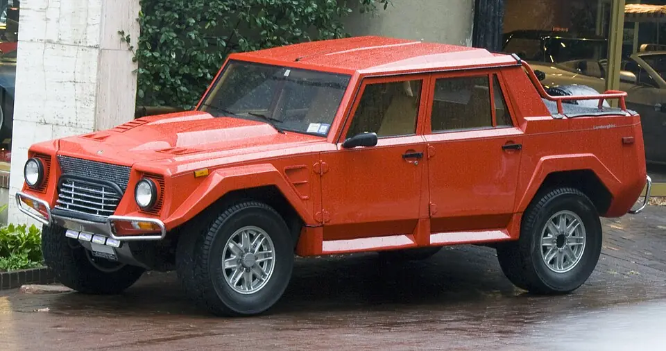 Red Lamborghini LM002, three-quarter front view