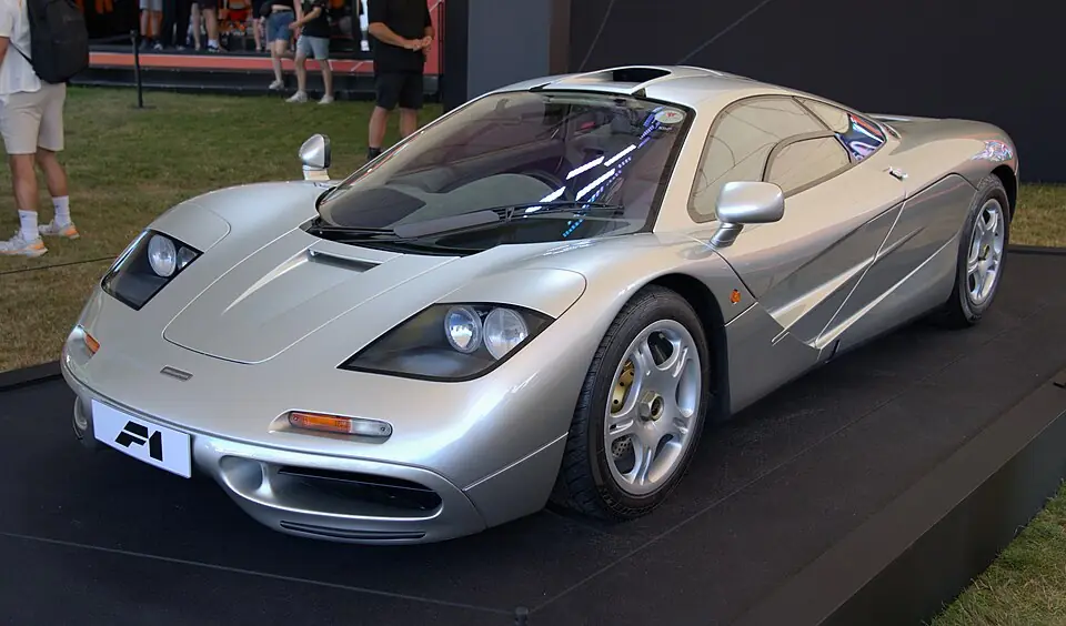 Silver McLaren F1 road car, three-quarter front view