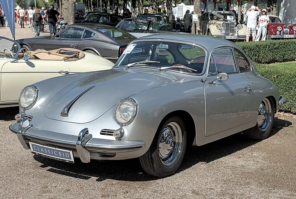 Silver Porsche 356 Coupé, three-quarter front view