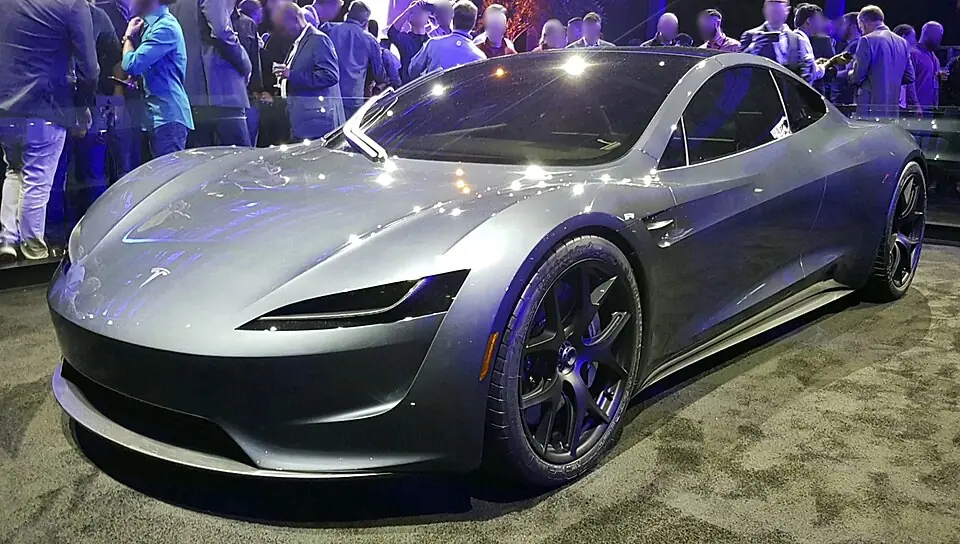 Red Tesla Roadster second-generation prototype, three-quarter front view