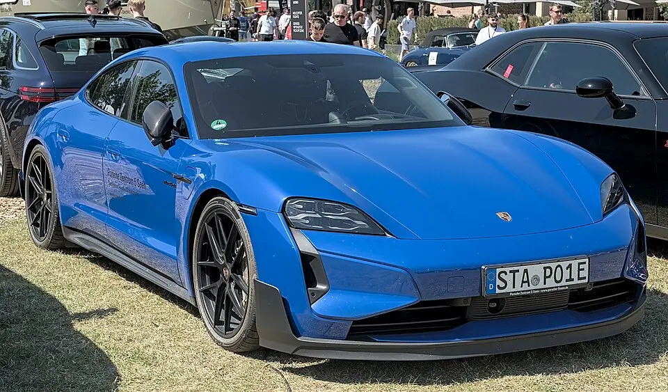 Purple Porsche Taycan Turbo GT, three-quarter front view