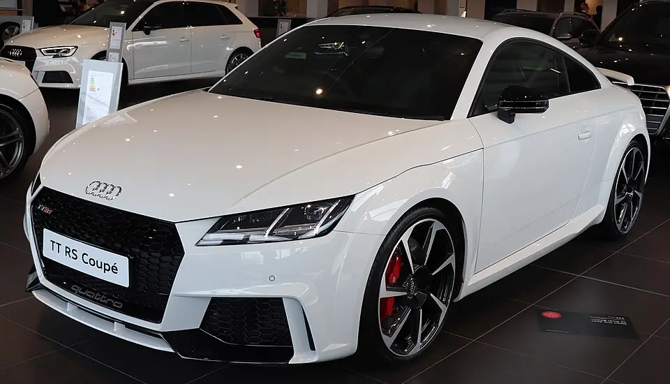 White Audi TT RS (8S) coupe, three-quarter front view