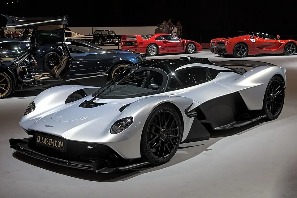 Silver Aston Martin Valkyrie, three-quarter front view