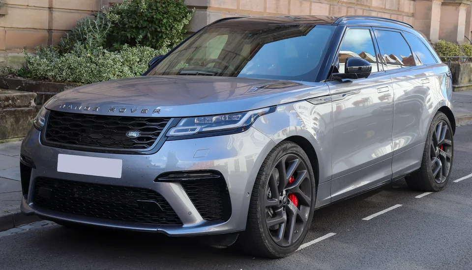Grey Range Rover Velar SVAutobiography Dynamic Edition parked on a British street, three-quarter front view