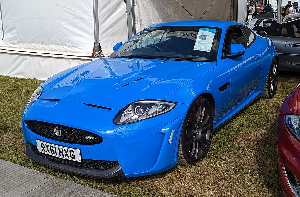 Blue Jaguar XKR-S, three-quarter front view